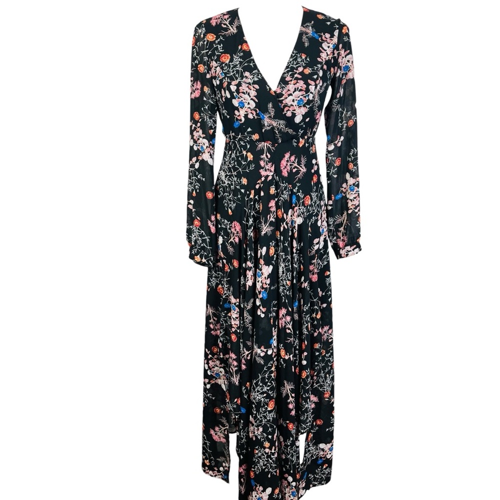 Bardot Black Floral Print High/Low Maxi Dress With A Surplice Neckline.